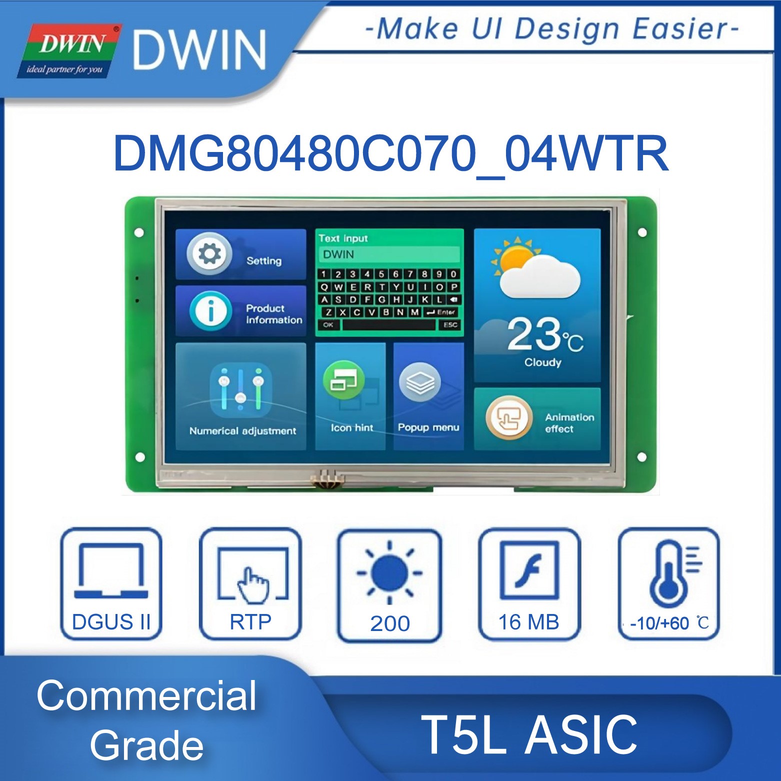 DWIN 7-дюймовый 800*480 TFT ЖК-дисплей, модуль емкостного/резистивного TTL/RS232, коммерческий смарт-экран для Arduino DMG80480C070_04W