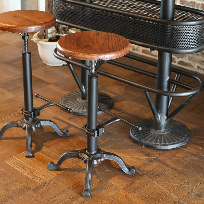 Vintage American Style Iron Bar Chair with Adjustable Height and Swivel Design, Metal Cast Iron Industrial Chair for Bar