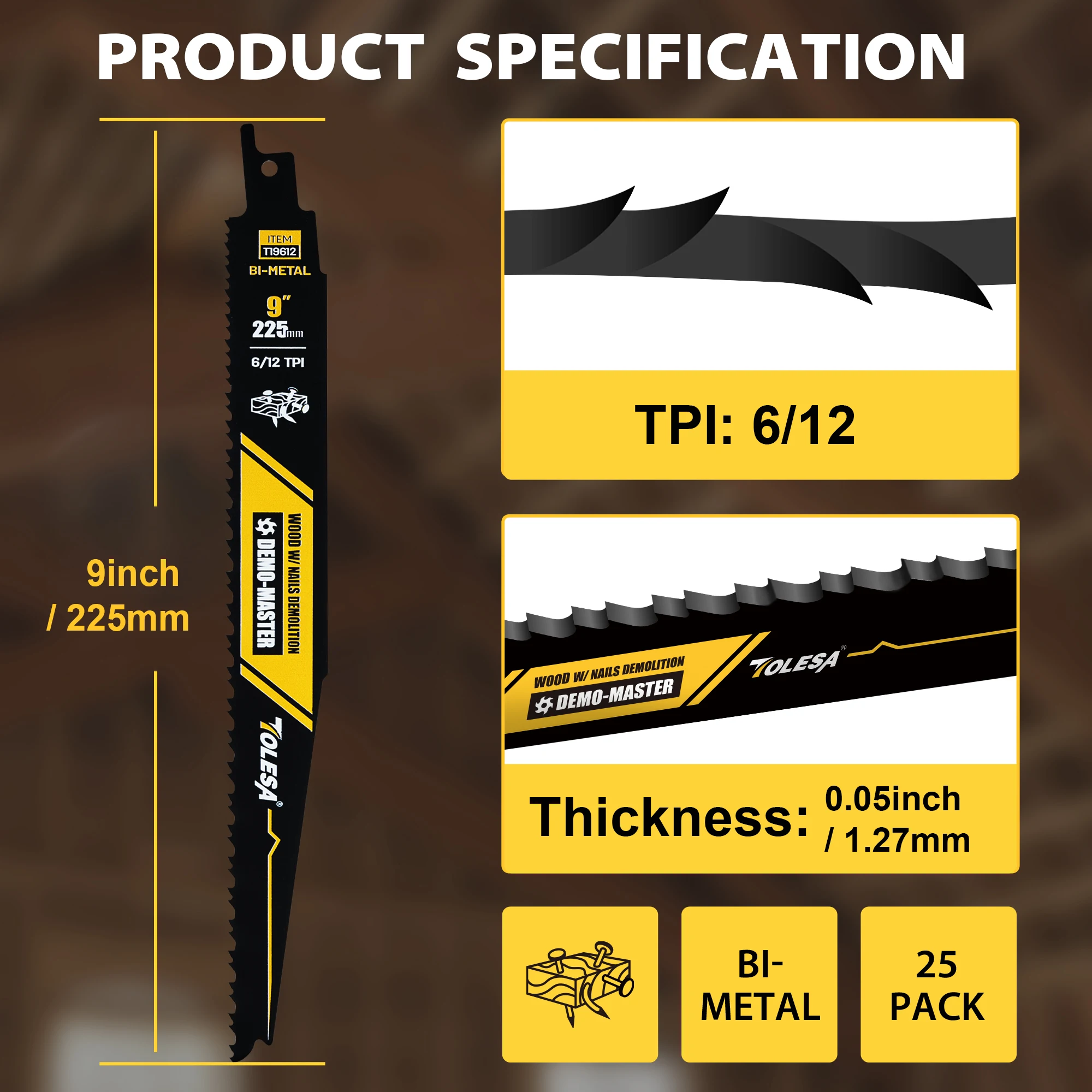 TOLESA 9 นิ้วใบเลื่อยลูกสูบ 6/12 TPI 5PCS สําหรับไม้และเล็บฝังไม้รื้อถอน, fast & Smooth ใบมีดตัด