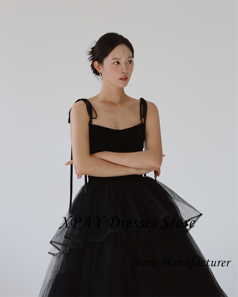 XPAY Princess Black Tiered Wedding Dresses Korea Photo shoot Spaghetti Straps Layered Evening Gowns Corset Back Customized