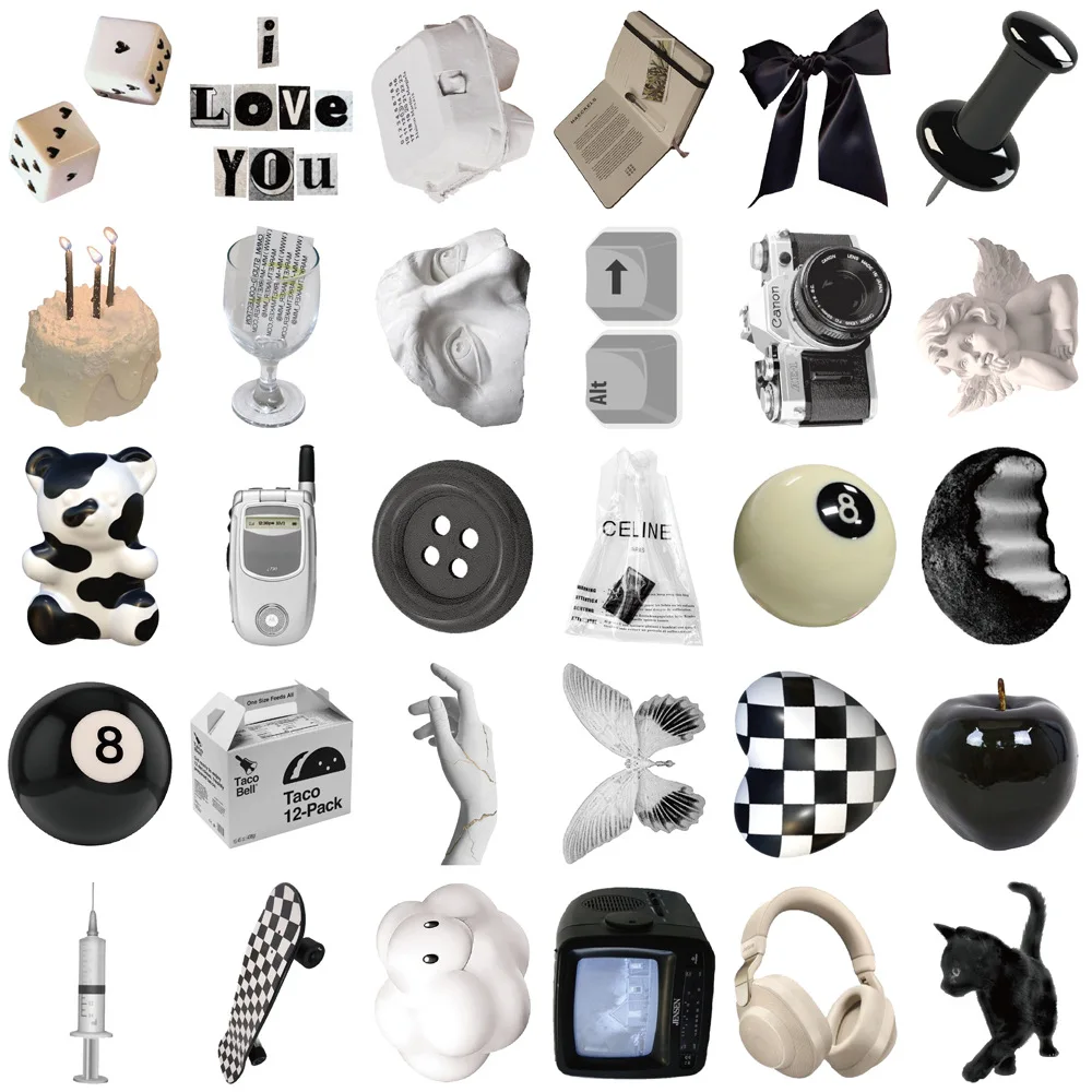 61PCS INS สไตล์ Apathy สีดําสีขาว Simple Decals สติกเกอร์น่ารักความงามโทรศัพท์โน้ตบุ๊คกระเป๋าเดินทางแล็ปท็อปตู้เย็นสติ๊กเกอร์ติดผนัง
