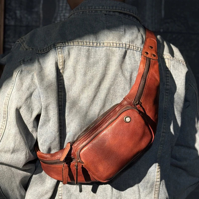 Bolso de pecho de cuero con piel de vaca curtida vegetal, riñonera informal de moda multifuncional, bolso vintage.