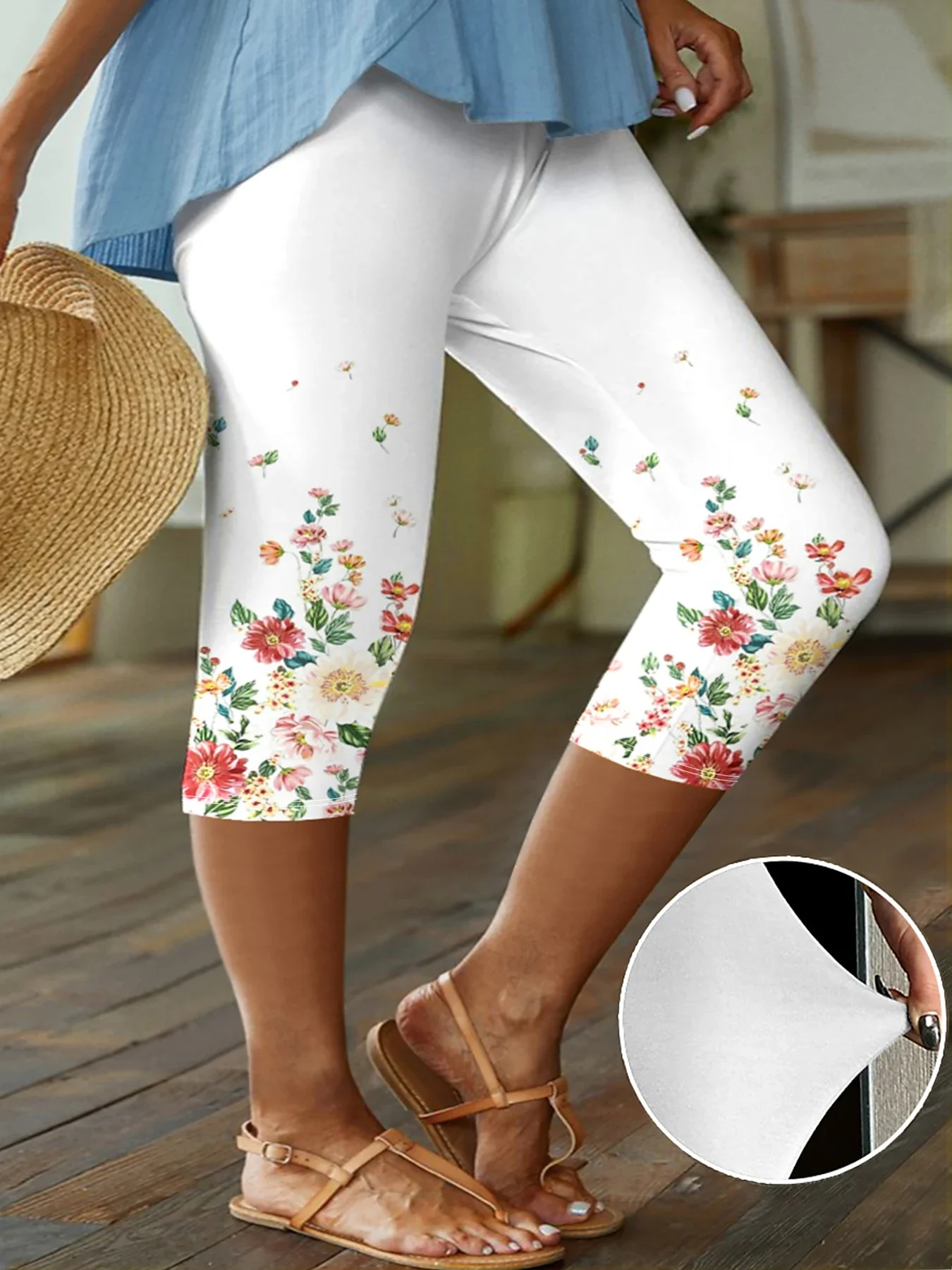 Plus Size Damen Capri Leggings Retro Blumenmuster bequeme High-Stretch mittellange Strick hose modisch und lässig
