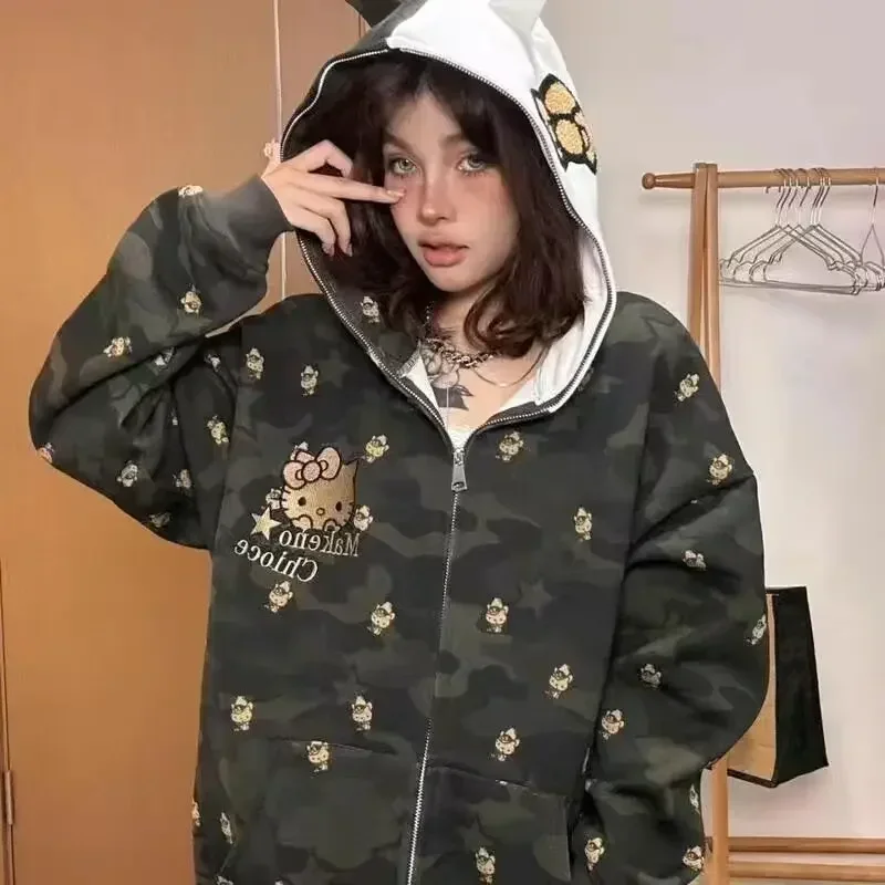 ストリート女性オリジナルサンリオハローキティジップパーカーガールルーズキャンパスカップルカーディガンコート Y2k 服特大トレーナー