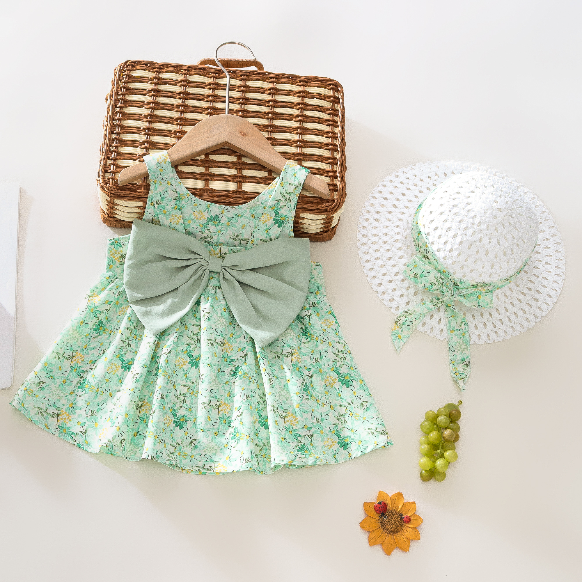 Sommer 2-teiliges Babykleid + Sonnenhut Schleife Riemen Blumen Baby Mädchen Kleid Weiche und bequeme Kinderkleidung