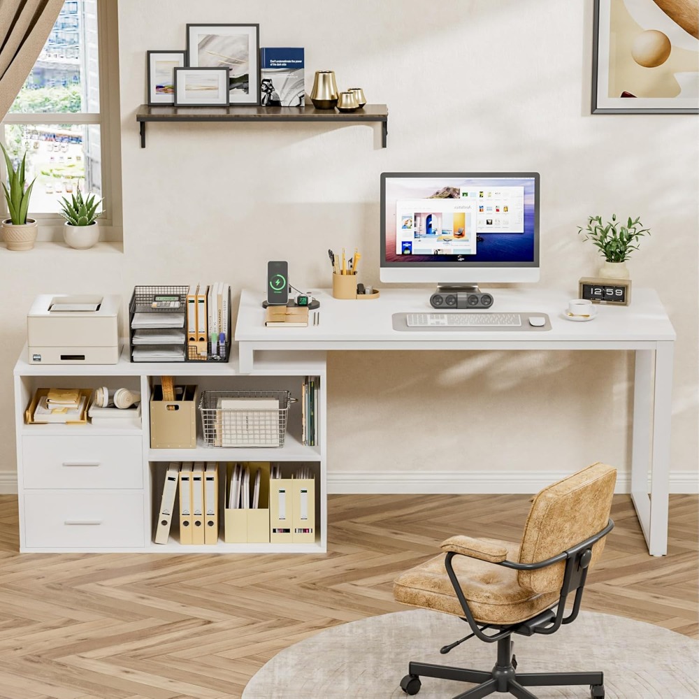 L Shaped Desk with Drawers&Shelves, 55'' Corner Computer Desk with Power Outlets, Reversible PC Table with Storage File Cabinet