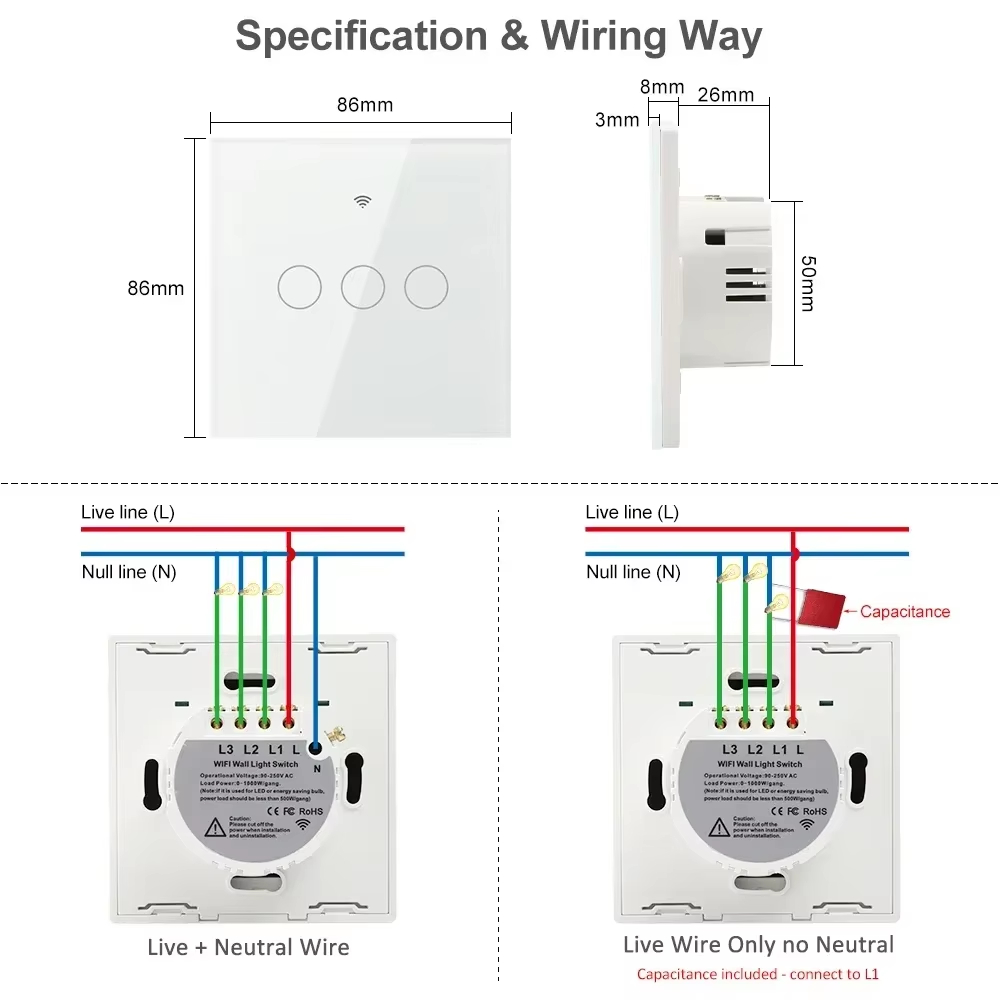 1/2/3/4 Gang EU WiFi RF 433mhz Smart Wireless Touch Wall Light with Switch Button 220V with no Neutral EU Tuya Alexa Google