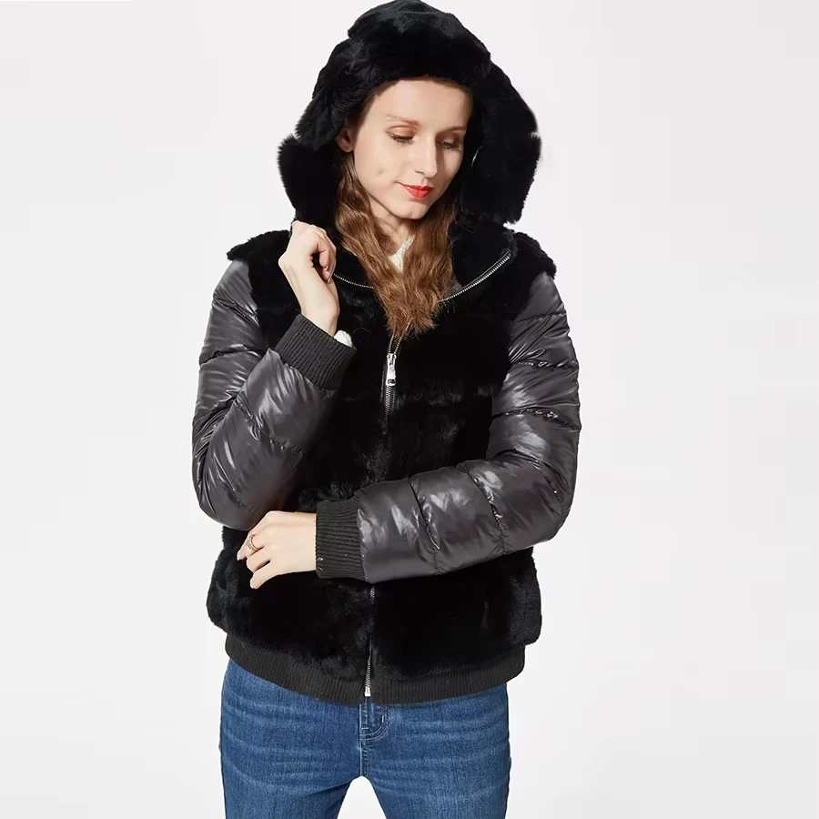 CNEGOVIK natürliche kurze rex kaninchen pelzmantel frauen winter pelz jacke mit pelz haube fanshion neue outwear unten ärmeln mantel sportliche