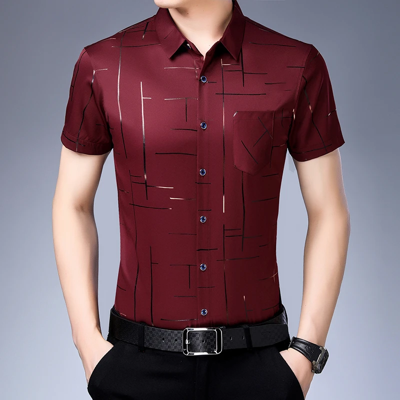 Novo negócio masculino casual camisa de manga curta sem ferro e resistente a rugas topo