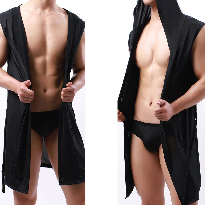 Albornoz con capucha para hombre, malla de seda transparente, toalla sin mangas, bata de baño larga, sudaderas con capucha, camisones, ropa de dormir, Tops informales sueltos para dormir