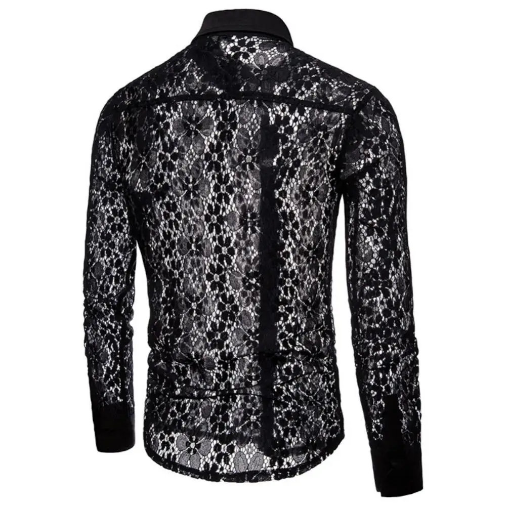 Camisas de algodón con cuello vuelto para hombre, camisa de manga larga con botones, Color sólido, encaje Sexy transparente, ropa para discoteca
