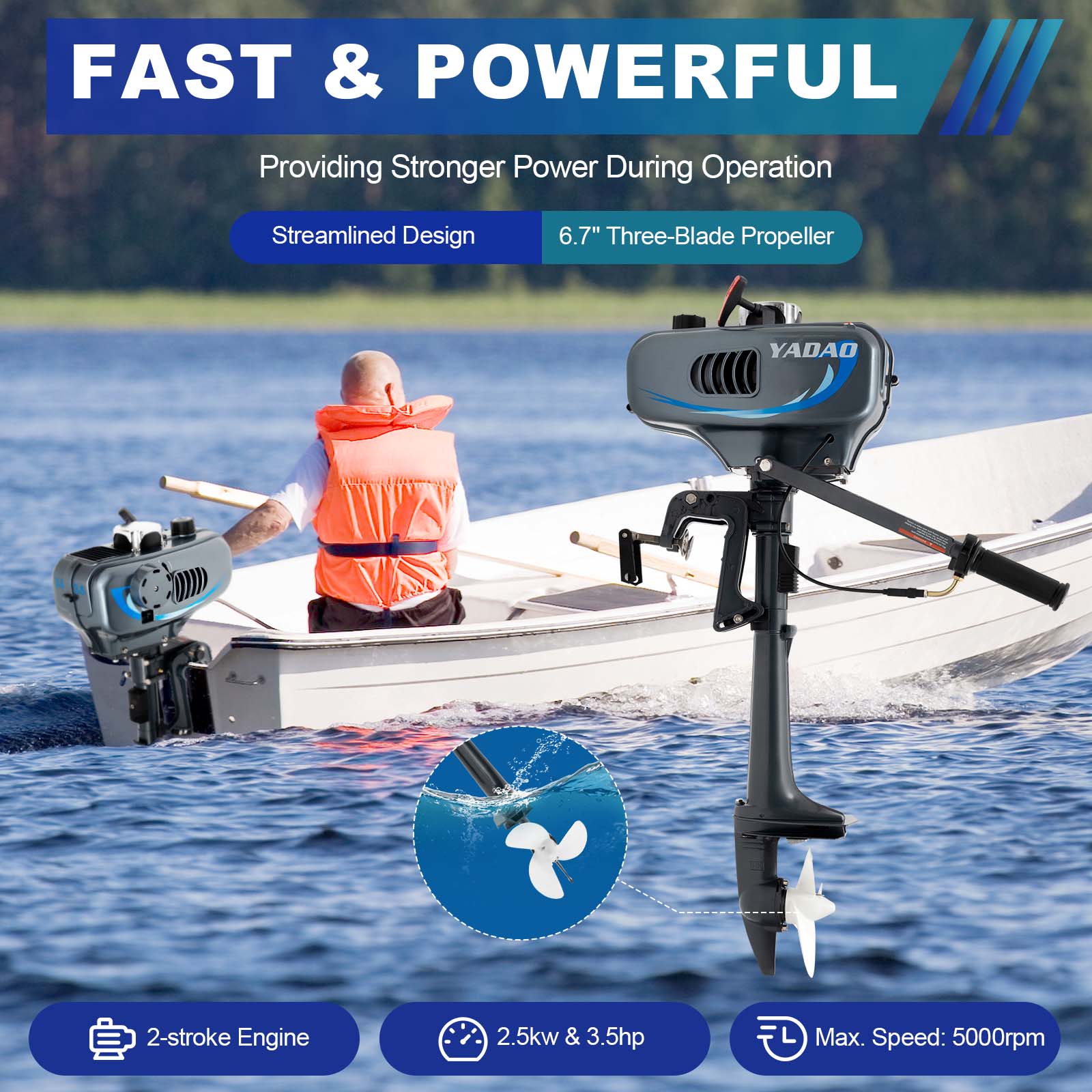 2 Stroke Gasoline Engine Half Water-cooling and Air-cooling  System Grey 3.5HP 49cc Boat Outboard Motor Short Shaft