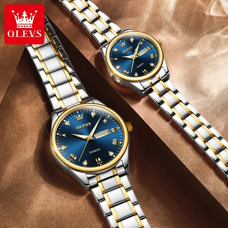 OLEVS-Reloj de acero inoxidable para hombre y mujer, cronógrafo de pulsera luminoso HD, resistente al agua, caja de regalo