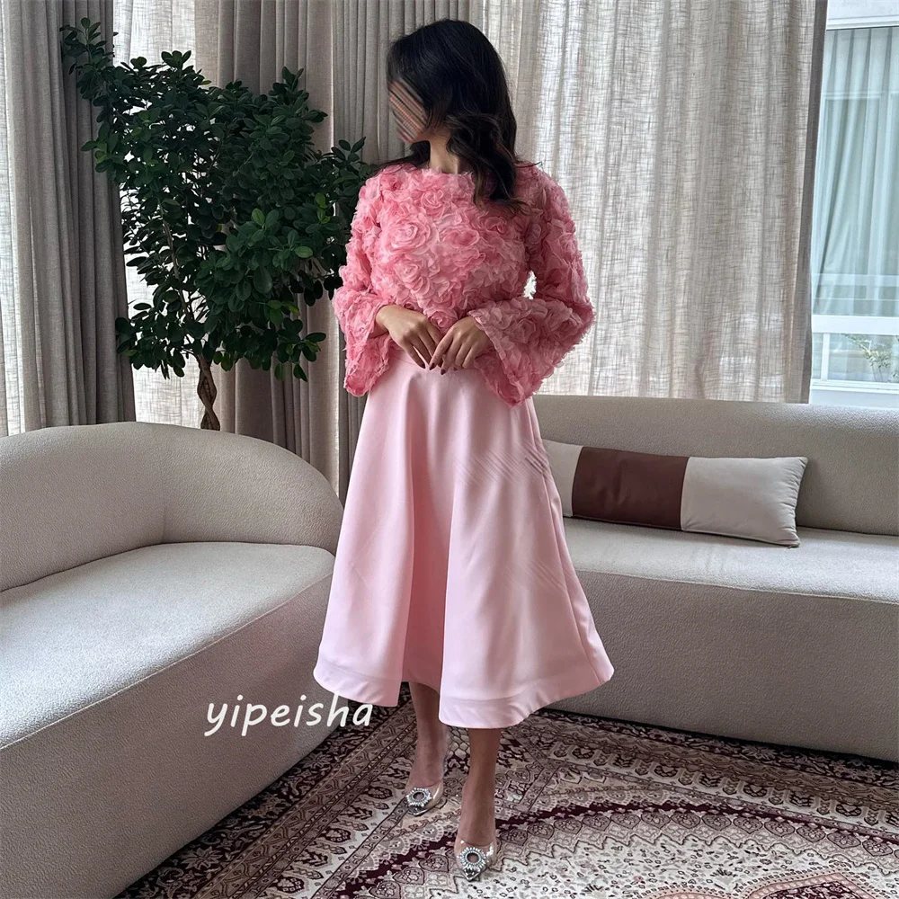 ที่กําหนดเอง Jersey Draped จีบดอกไม้งานแต่งงาน A-Line O-คอ Bespoke โอกาสชุด Midi ชุด