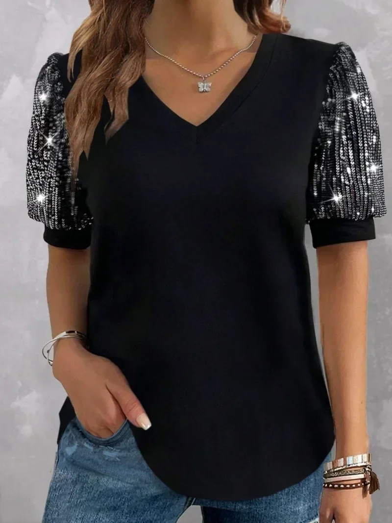 Plus Size 1xl-5xl Dames Kleur Blokkerende Pailletten T-Shirt Zomer Lantaarn Mouw V-Hals Casual Top