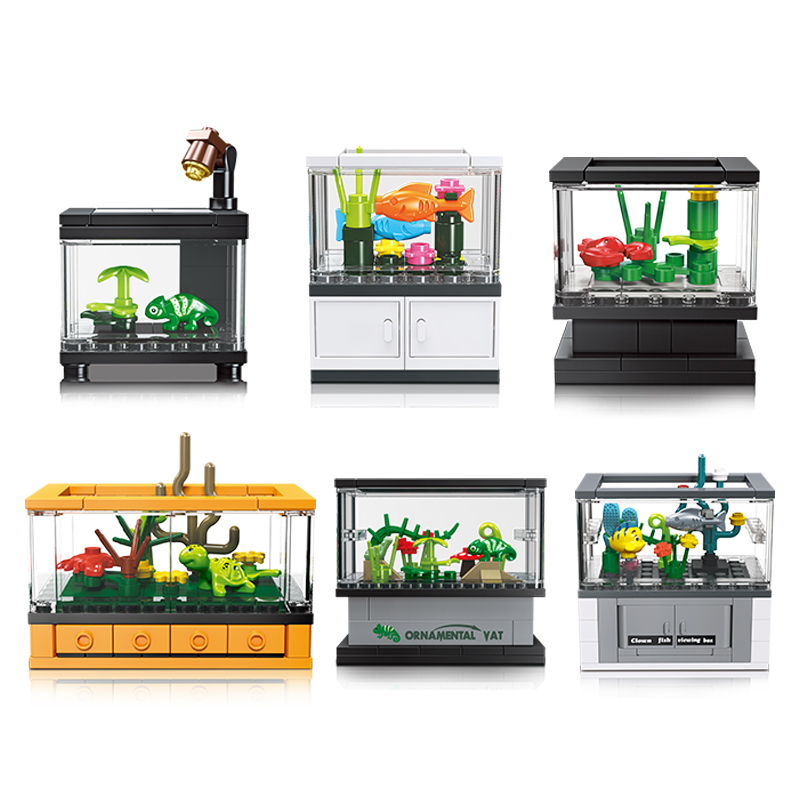 Conjunto de blocos de construção de tanque de peixes, criativo, diy, blocos de construção educacionais, brinquedo, móveis para casa, cidade, tijolos de construção, brinquedos para crianças