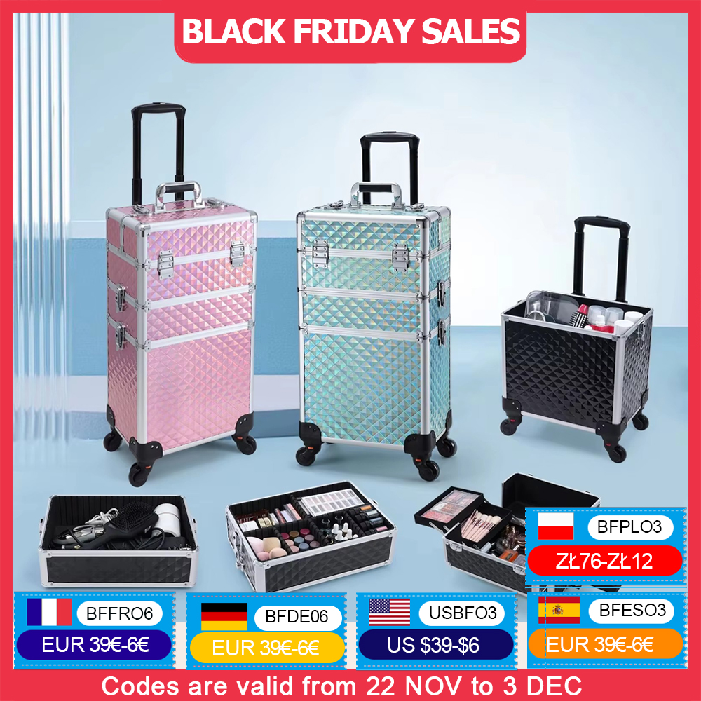 Estuche de maquillaje rodante 3 en 1, estuche de maquillaje extraíble, estuche de cosmetología con ruedas, carrito de maquillaje con cerradura de gran capacidad para salón