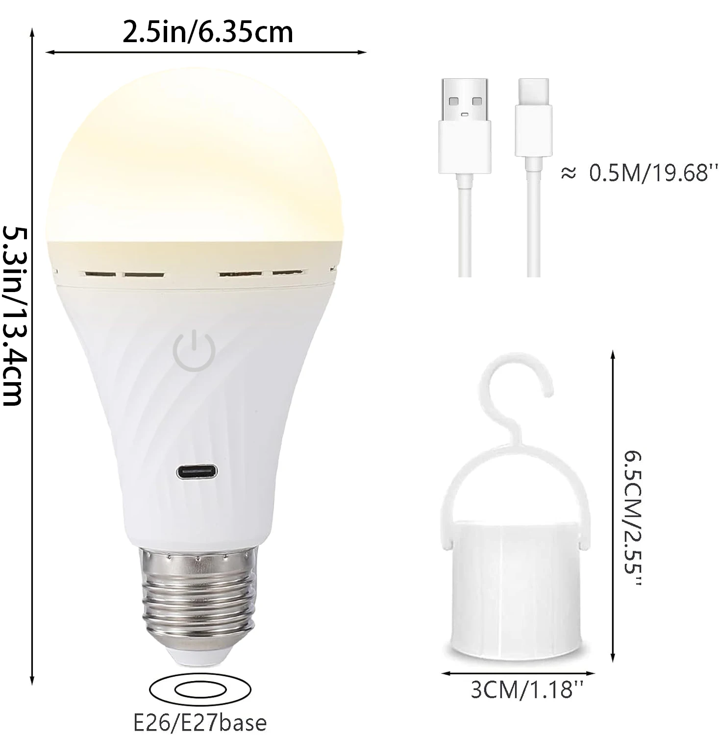 USB-C rechargeable Light Bulb with tri color temperature bulb Double Charging Modes Bulb E27 with Hook Outdoor touch dimming cam