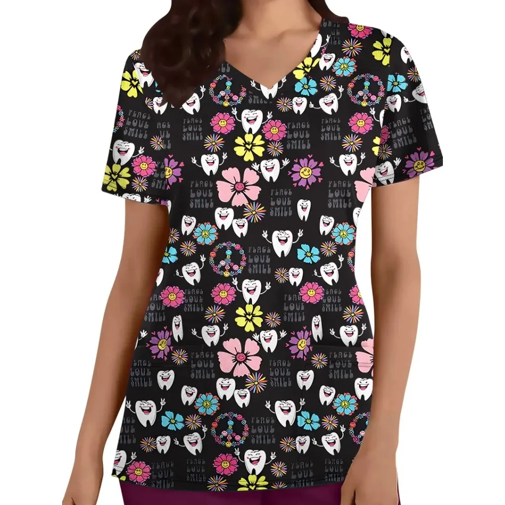 Uniforme clínico para mujer, estampado de dibujos animados de dientes, microelástico, cuello en V, Dental, Tops de manga corta a la moda, uniformes quirúrgicos