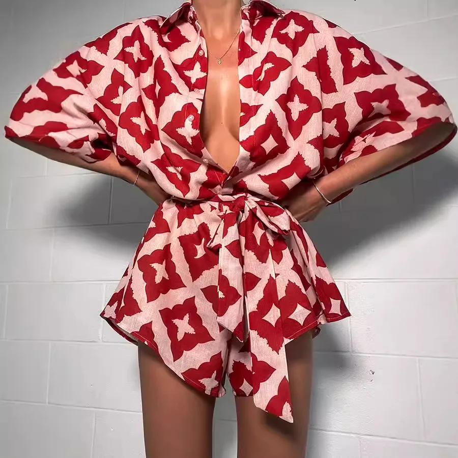 2024 neue Herbst Frauen Lose beiläufige Druck Strap Overall Rot Druck Fliege Turndown Kragen Lose Body Sexy Outfits Streetwear