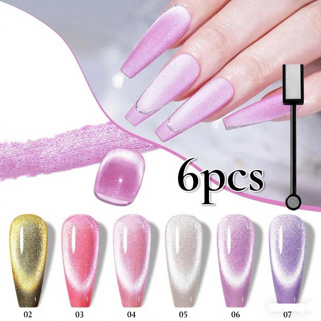 6 garrafas de conjunto de esmalte de gel magnético holográfico olho de gato, conjunto de arte de unha brilhante removível de gel UV semipermanente com ímã