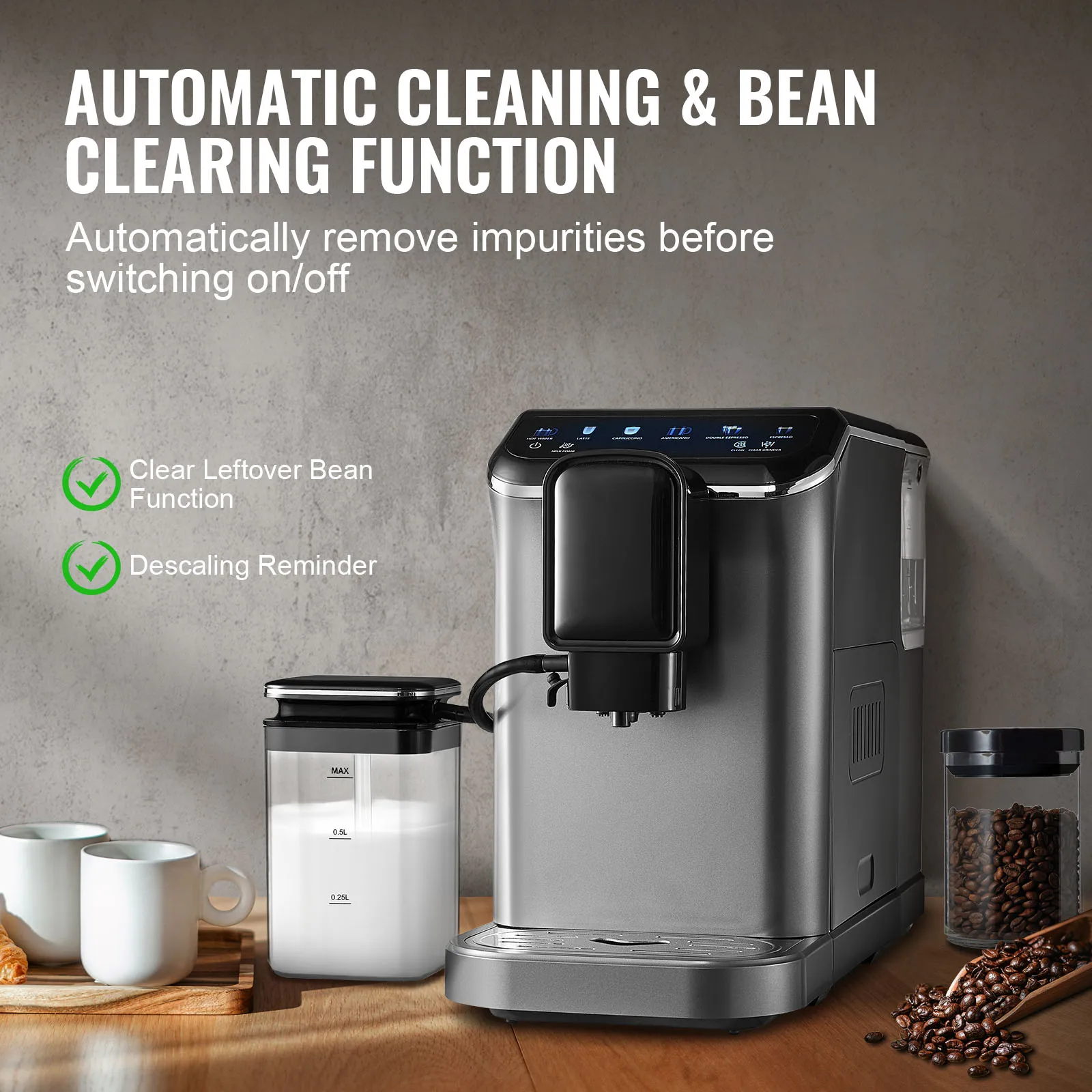 VEVOR Automatic Espresso Machine Coffee Latte Machine with Color Touch Screen 15 Grinding Levels and Removable Milk Reservoir
