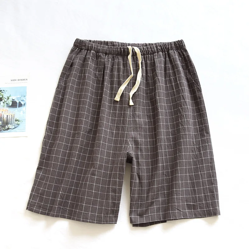 Calções masculinos de algodão, cor sólida, simples, soltos e respiráveis, calças de dormir para estudantes, cintura elástica, calças de pijama xadrez