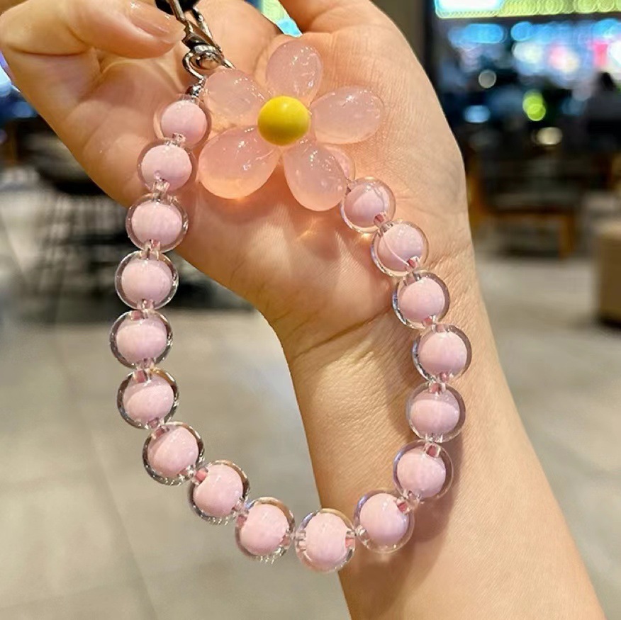 Cordón antipérdida para teléfono, colgante de muñeca corta con llave, colgante de cuentas redondas de macarrón colorido, cadena de mano para mujer, cordón para teléfono móvil
