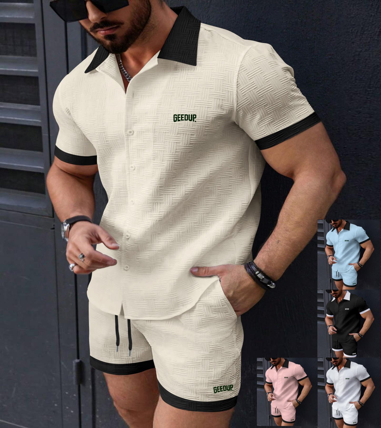 Conjunto casual de duas peças masculino, nova moda verão clássico lapela cor combinando shorts manga curta solto esportes praia terno