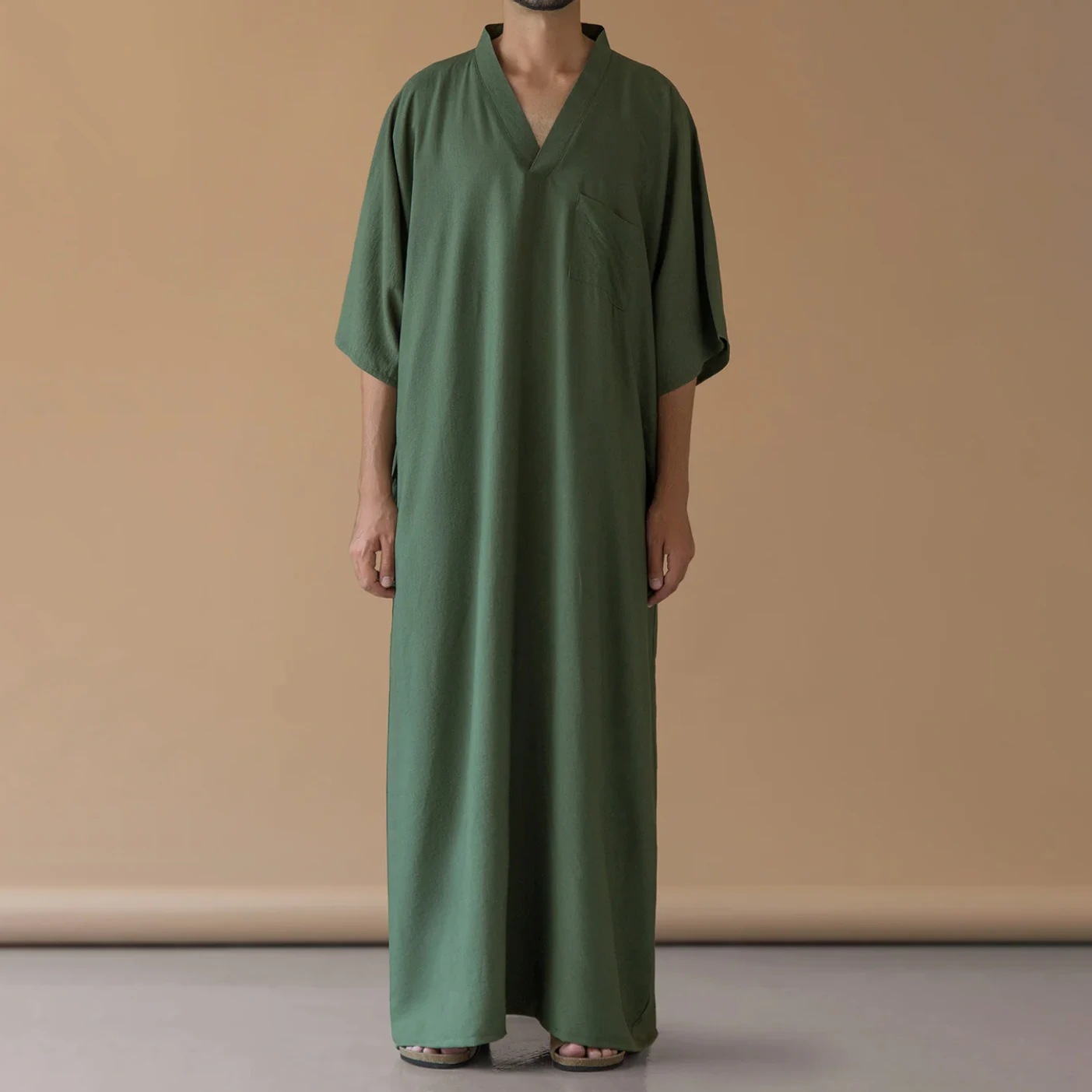 Ramadan Männer muslimische Kleider solide Langarm V-Ausschnitt mit Taschen Kaftan islamisch arabisch langes Kleid Thobe Robe für Männer