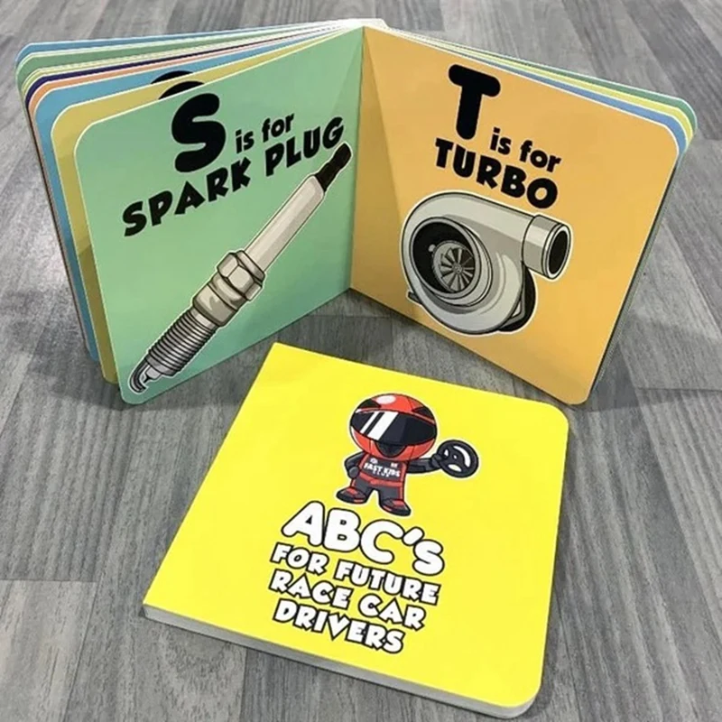 将来のレースカーのためのabc、赤ちゃんと子供のためのアルファベットの本、幼児のための耐久性のある本