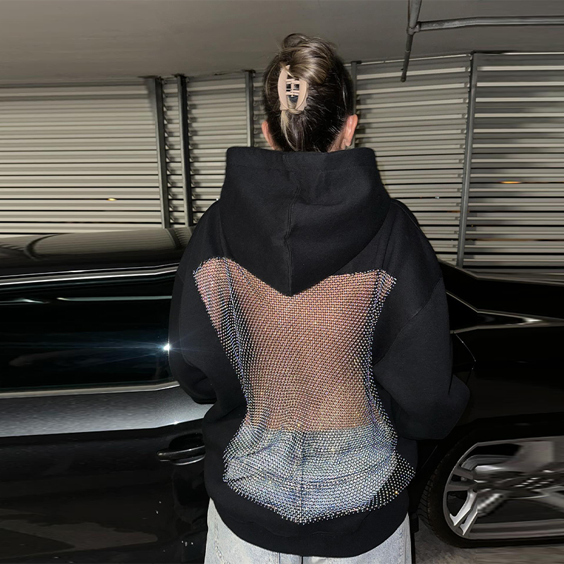 Damen-Sweatshirt, rückenfrei, langärmelig, Gothic-Sweatshirt, sexy Hohl-Mesh-Hoodie, glänzend, durchscheinend, Y2K-Pullover, 2025, neue Dame, würziges Mädchen-Top