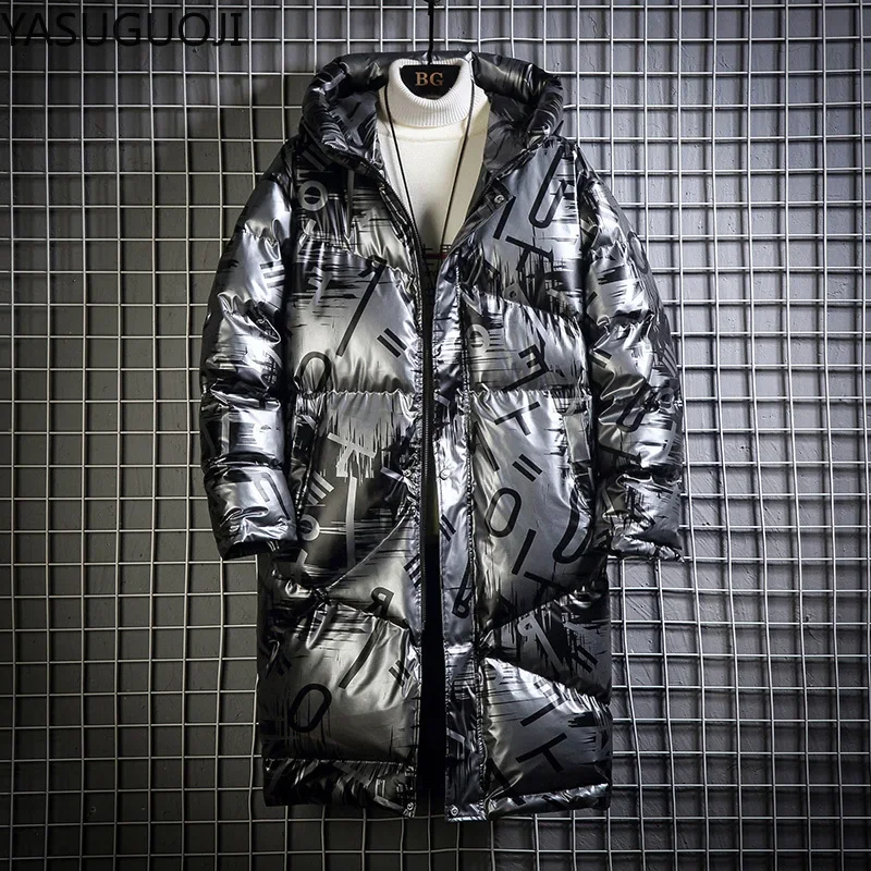 YASUGUOJI Winter Männer Jacke Dicke Warme Parka Jacken Silber Helle Farbe Lange männer Mit Kapuze Baumwolle Jacke Plus Größe Parkas mantel