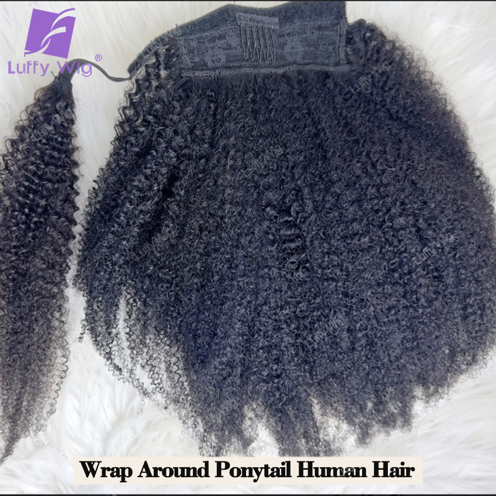 Extensiones de cabello humano con cola de caballo, cabello Remy mongol, Afro, rizado, envoltura alrededor de poni para mujeres negras, Luffy