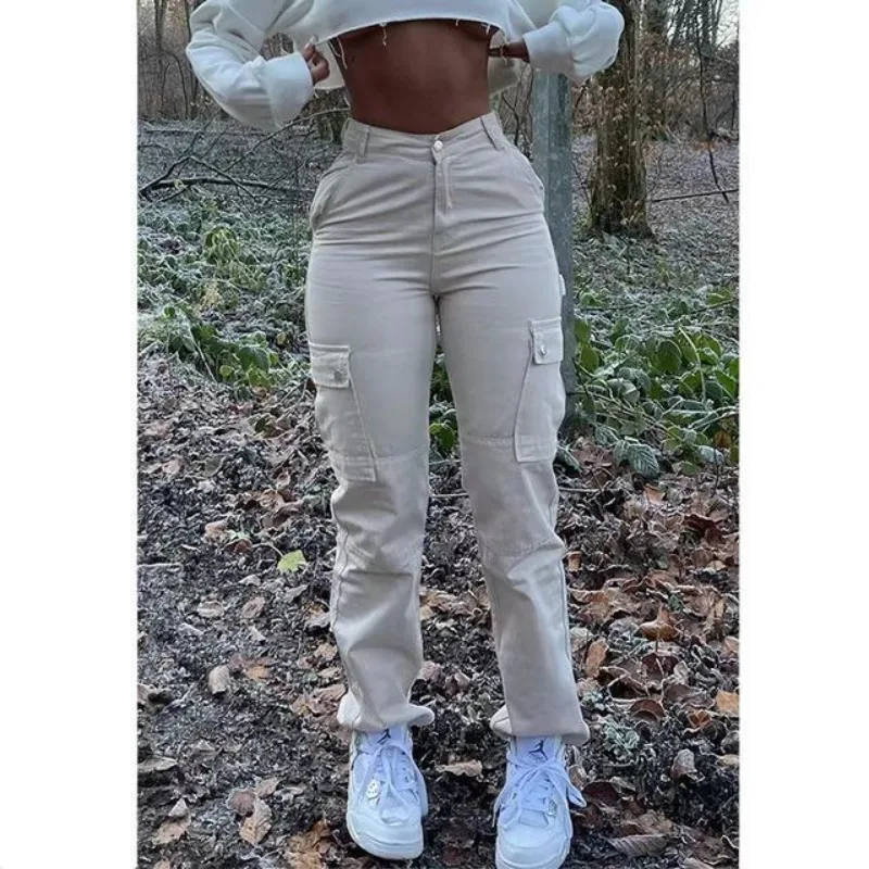 女性用ハイウエストエラスティックデニムジーンズ,バニーカーゴパンツ,ストレートレッグパンツ,ポケット付きワークウェア,新しい秋,2023