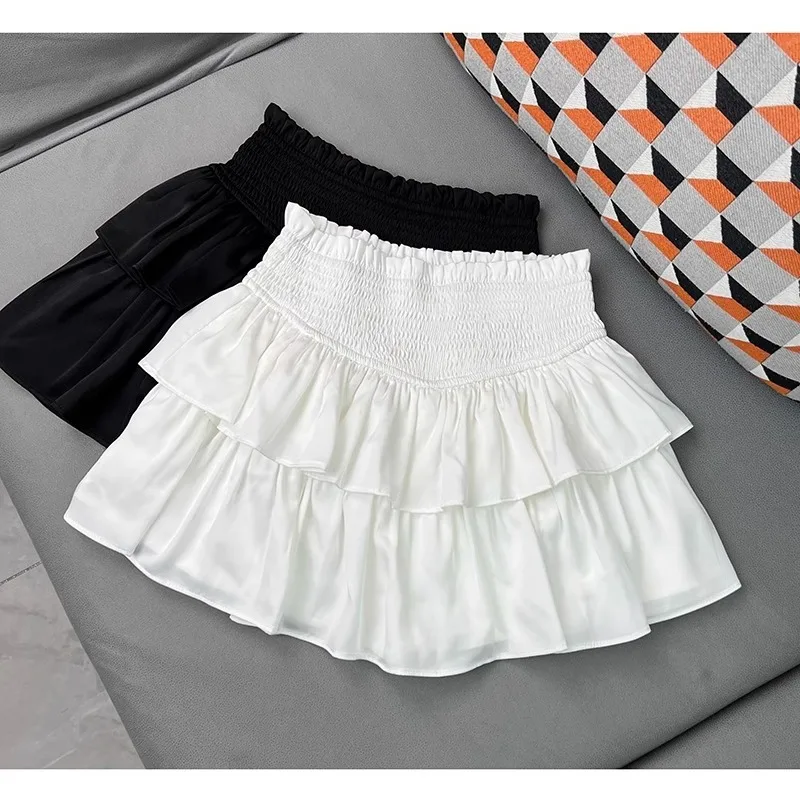 Y2k Zoete Vrouw Kleding Taart Rokken Ruches Casual Eenvoudige Korte Witte Chiffon Rok Zwarte Kerean Zomer 2024 Ballet Stijl Rok