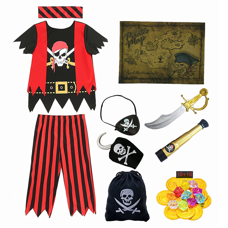 Crianças pirata traje capitão jack pirata brinquedo halloween vestir-se conjunto criança aventura ladrão traje brinquedo acessórios presente