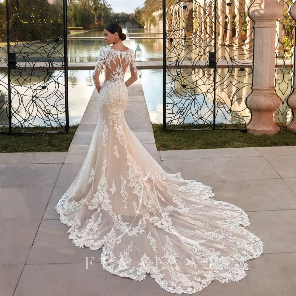 Fl & avve personalizado boho sheer sereia vestido de casamento clássico rendas apliques mangas compridas elegante vestido de noiva vestido de festa de casamento