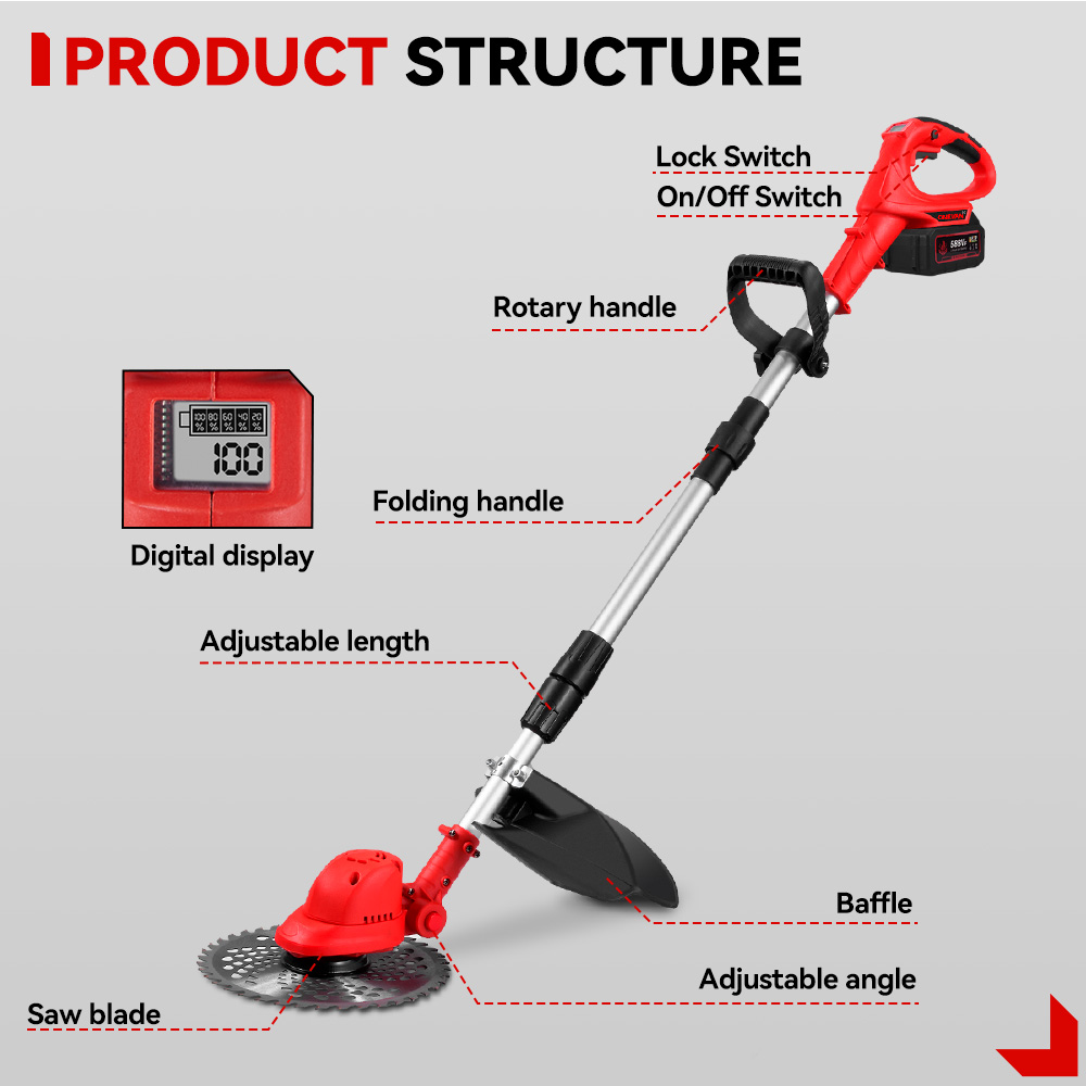 Onevan cortador de grama elétrico sem escova, 10 polegadas, 36000rpm, aparador de grama sem fio, ferramenta elétrica de jardim para makita, pino de bateria de 18v
