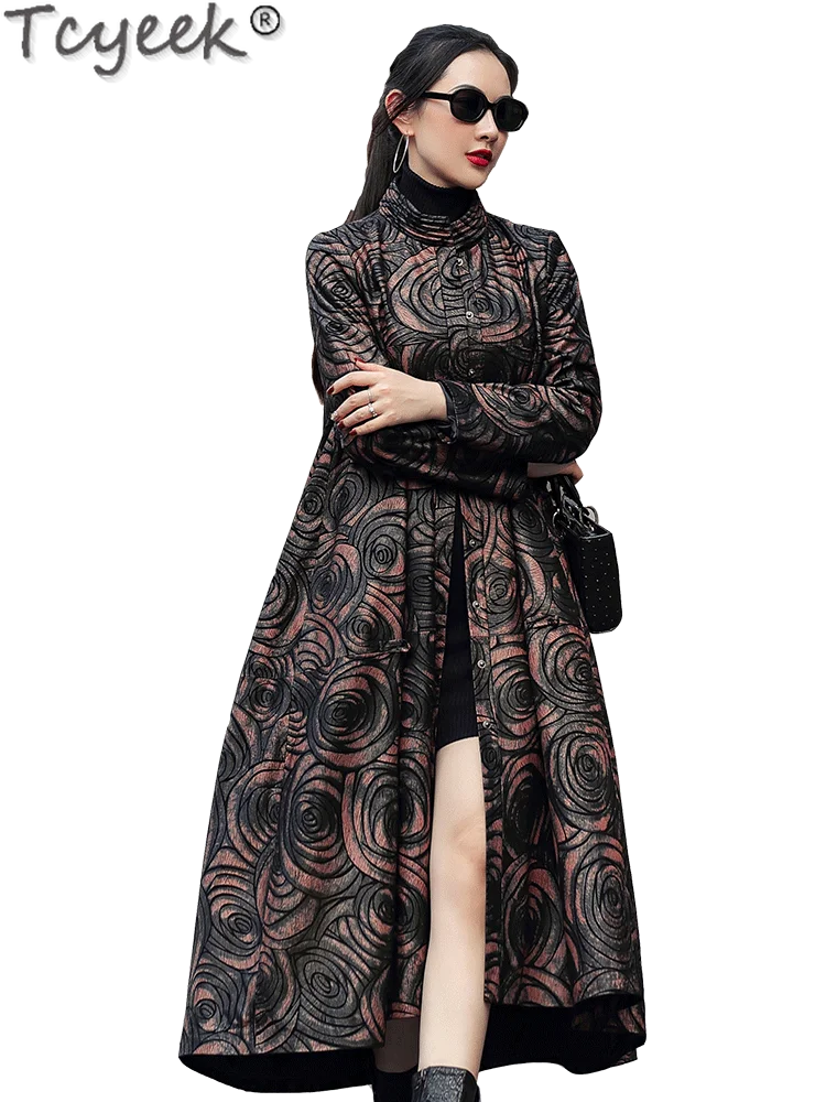 Tcyeek リアルレザージャケット女性天然シープスキンレザーコート秋冬服ミッドレングストレンチコート女性のための 2024