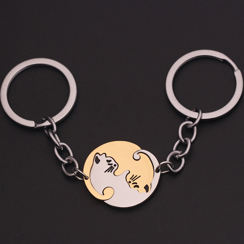 Cute Hug Cat Keychain Creative Patchwork Heart Round Keyring Couple Lovers Key Chains Bag Pendant Car Keyholder Accessories Gift
