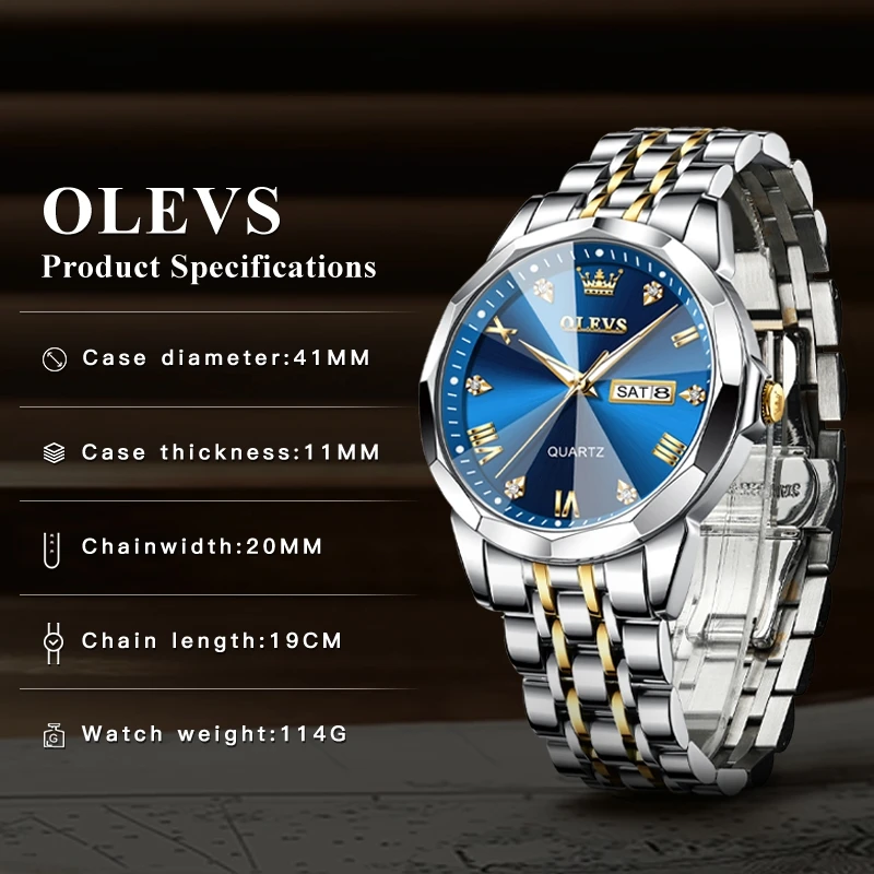 Relojes OLEVS para hombre, reloj de cuarzo Original con espejo rombo para hombre, reloj de pulsera luminoso resistente al agua de acero inoxidable, fecha y semana para hombre