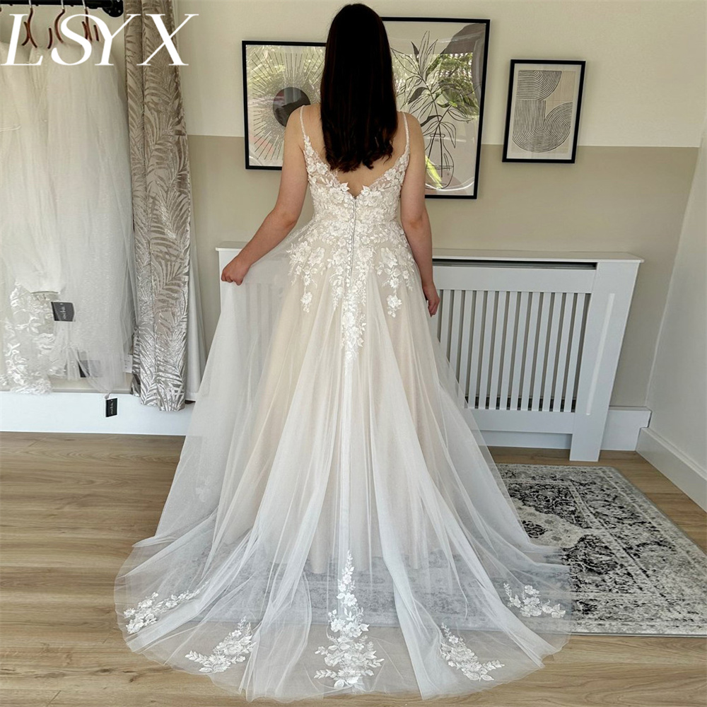 LSYX Deep V-Neck gaun pernikahan tanpa lengan Tulle putih gaun pengantin tali Spaghetti kancing belakang gaun pengantin kereta dibuat sesuai pesanan
