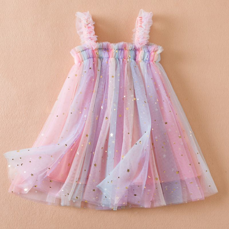 สาวหวานฤดูร้อนบินแขนโบว์เลื่อมชุด 2-6Y เด็กวันเกิดสีชมพู Fluffy A-Line ชุดเจ้าหญิงสําหรับเด็กผู้หญิงน่ารัก