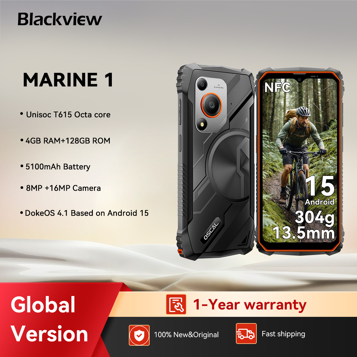 Oscal MARINE 1 Rugged Phone 6.56 inch HD+ 90Hz Display Ultra-thin Gemini Al 2.0 Android 15 5100mAh IP68 Cellphone