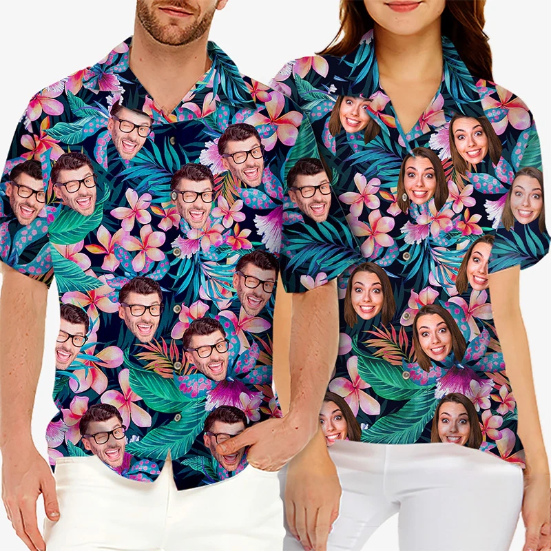 Impresión completa Foto personalizada Hawaii Camisas Familia Cara personalizada Camisa de playa hawaiana unisex Regalo para miembros de la familia