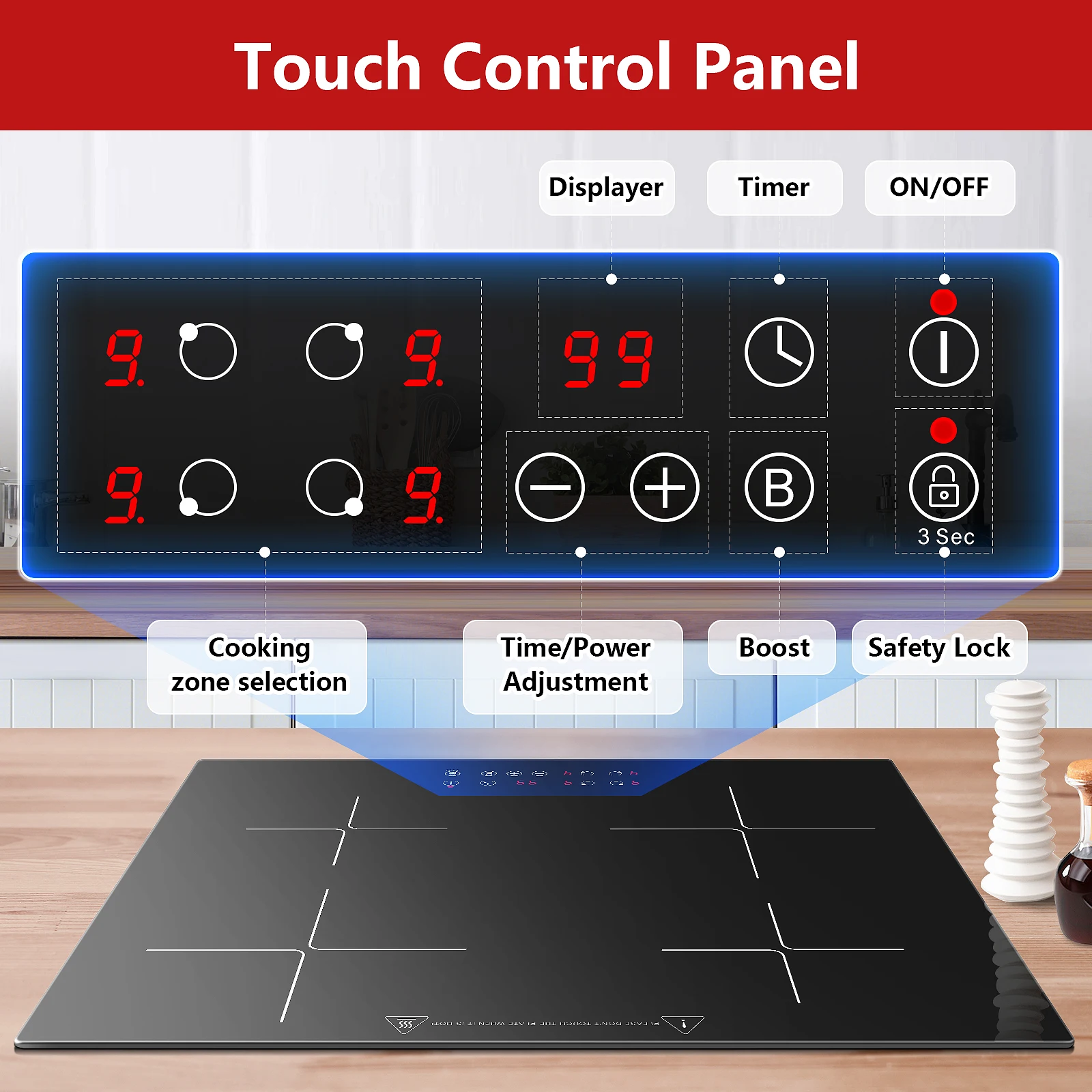 KICHPOWER 60 cm 4 Platten Touch-Bedienung 1–99 Min. Timer-Induktionskochfeld