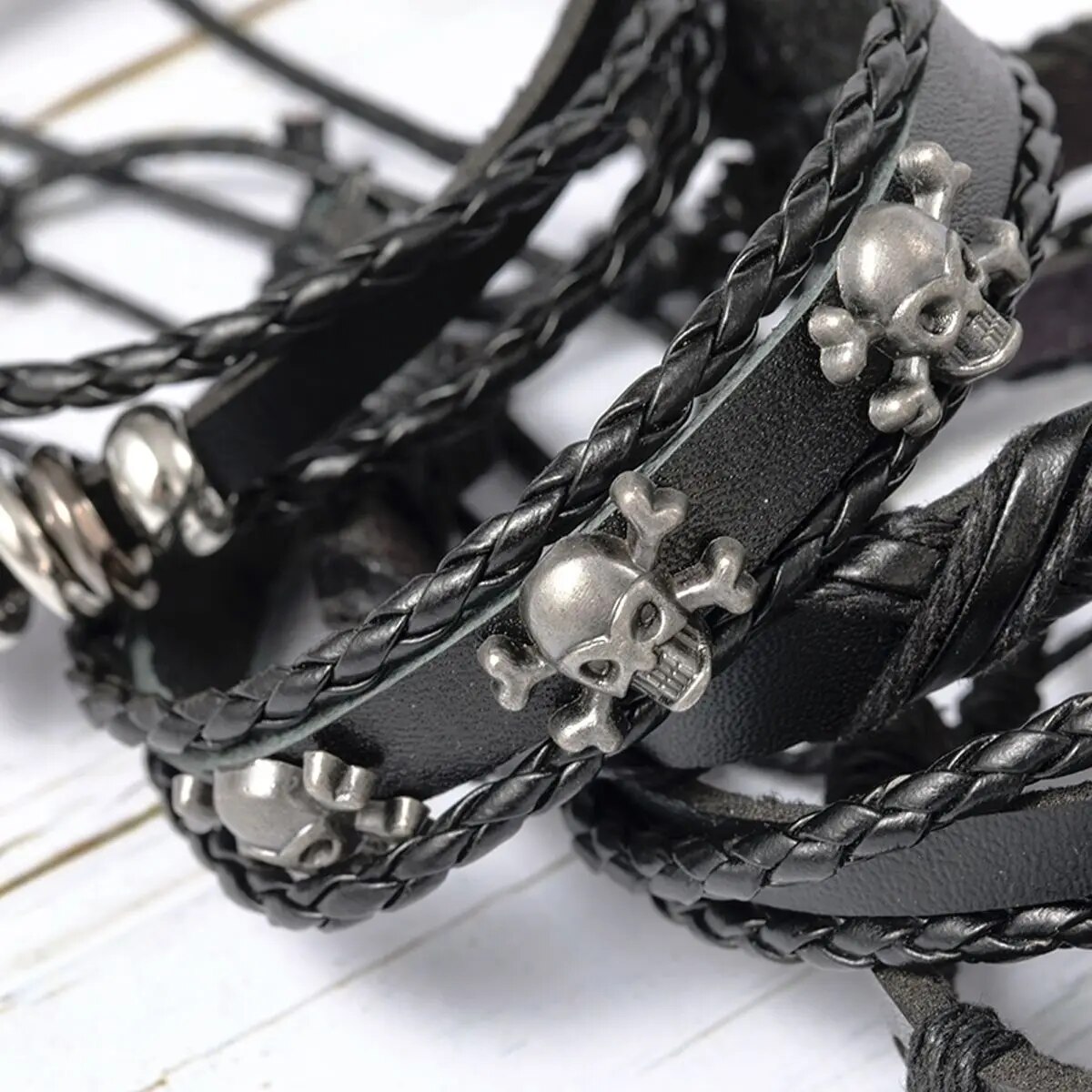 6pcs/Set Black Punk Skull & Star Shaped Alloy & Pu Leather Bracelet