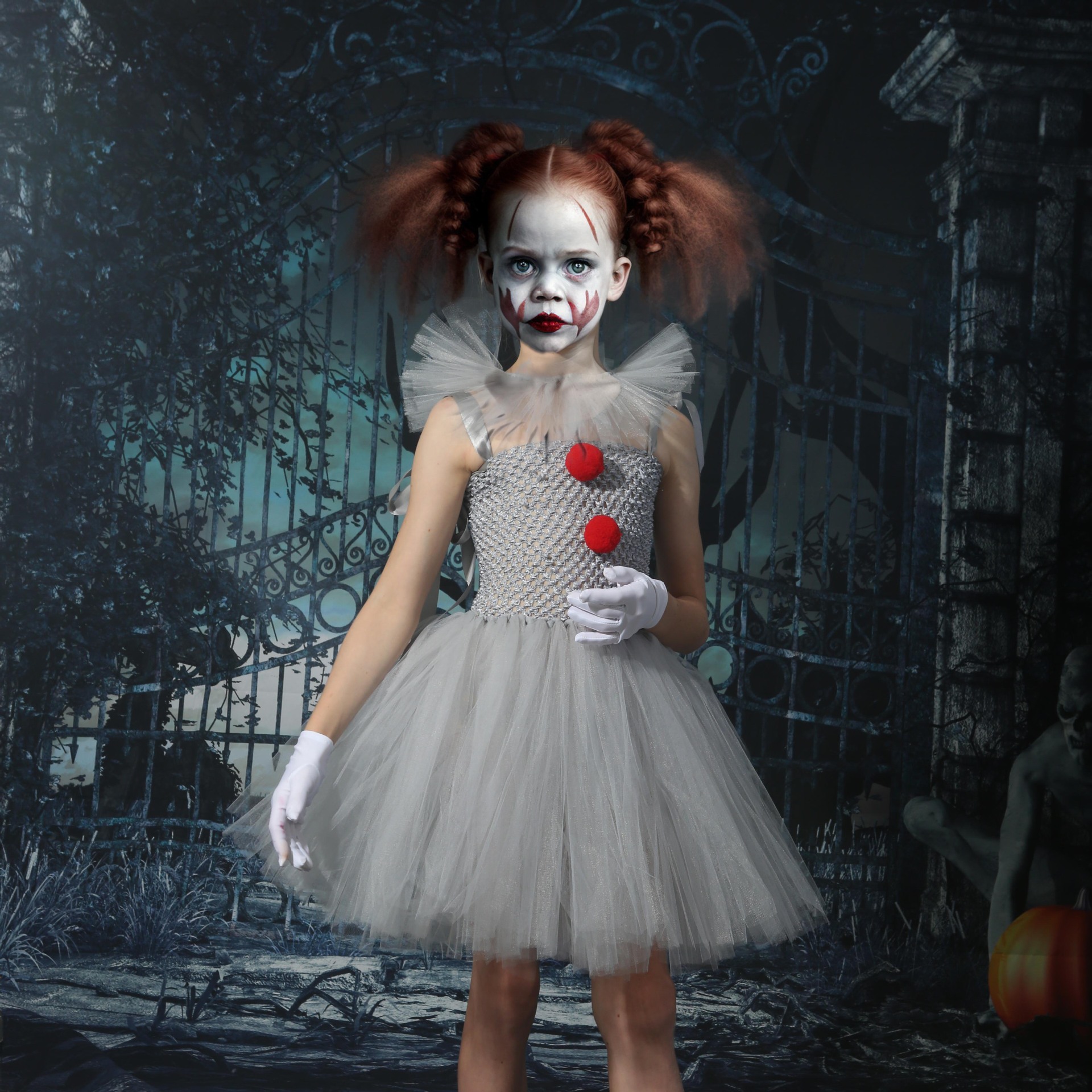 女の子用グレーのジョーカー風ドレス キッズ 2025 ハロウィン カーニバル コスプレ 怖いピエロコスチューム 子供用 ドレスアップ パーティー服