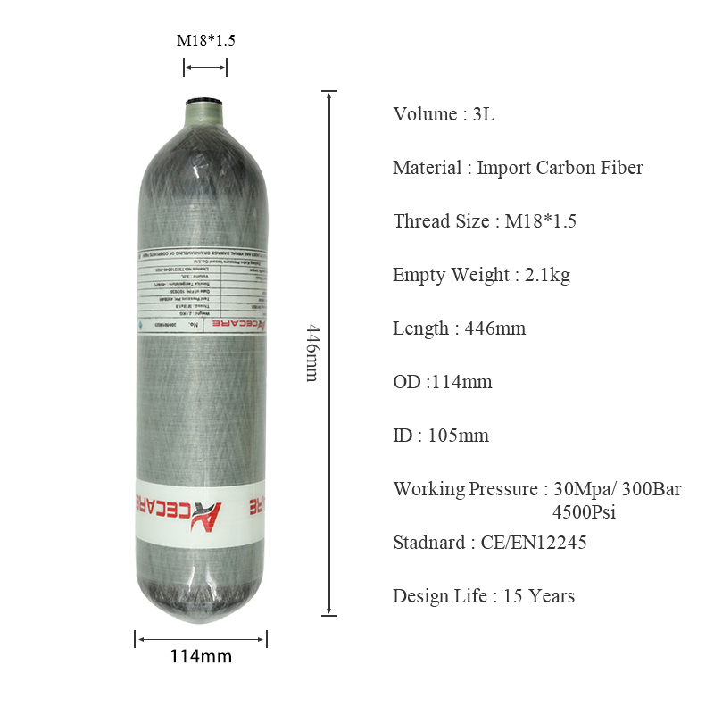 ACECARE-tanque de alta presión para buceo, cilindro de fibra de carbono con estación de carga HPA, 4500PSI, 300bar, 3L, M18 x 1,5